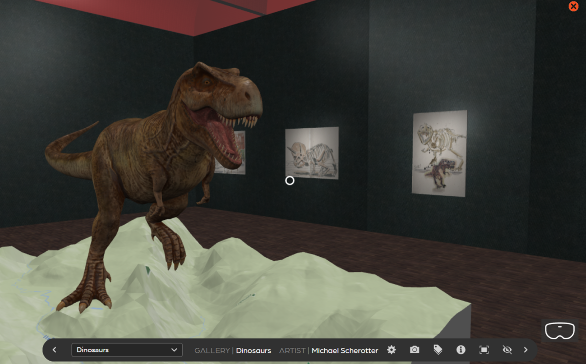 a dinosaur in an art gallery of dinosaur paintings
