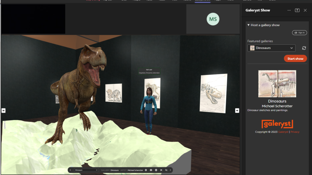 Dinosaur and avatar (on right) in a virtual gallery.