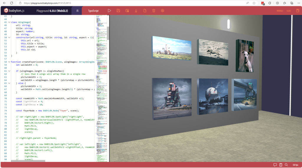 a view of the BabylonJS playground with Typescript code on the left and a 3D view of the gallery foyer on the right.