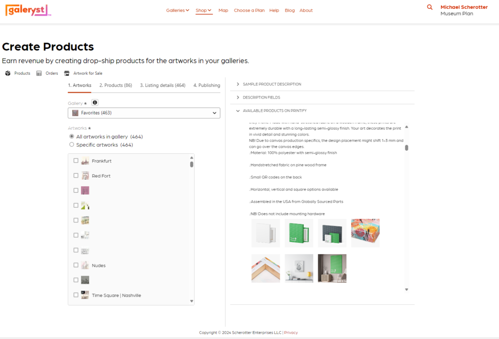 You can now create printable products to sell from your artwork on Galeryst.