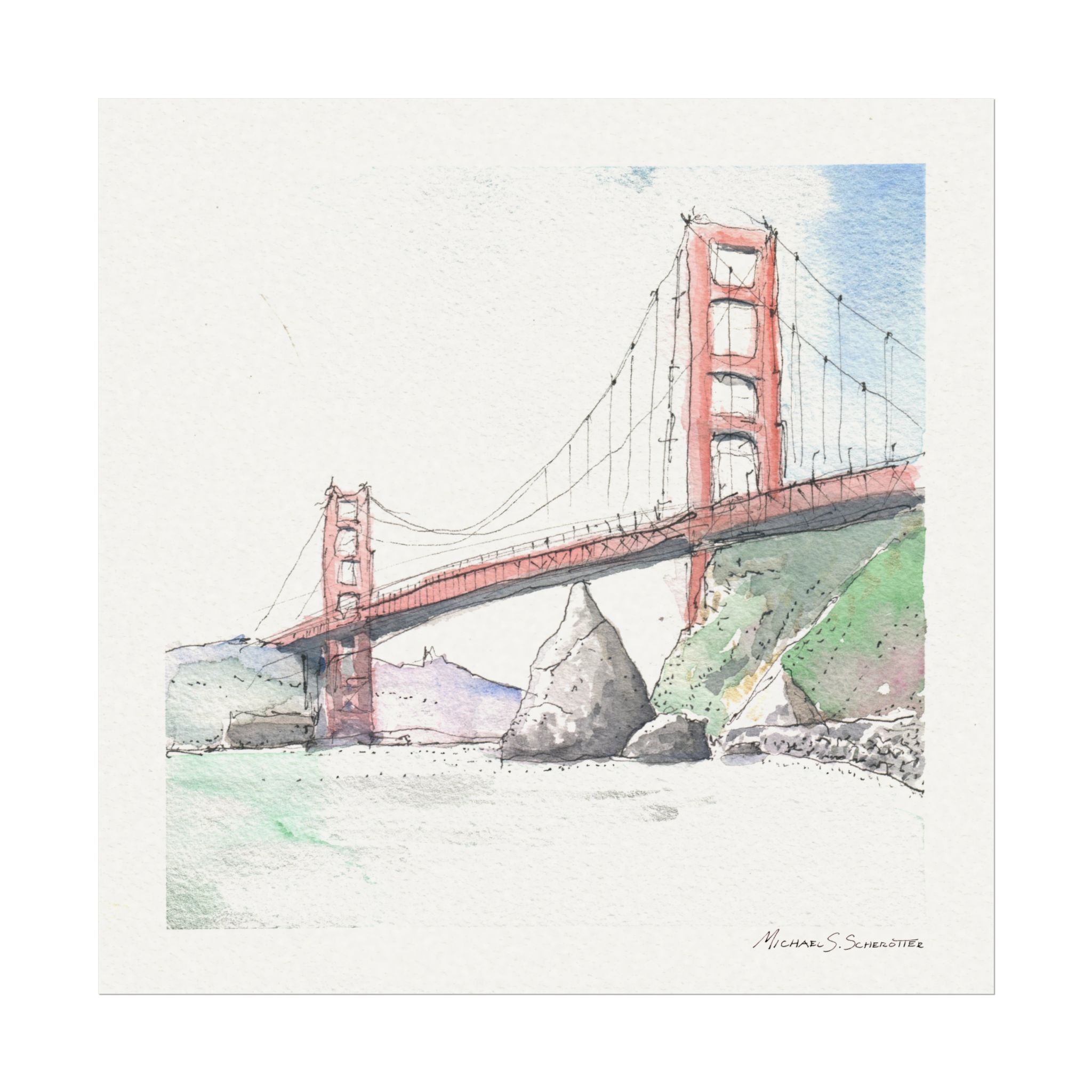 Golden Gate Bridge from Fort Baker on Textured Watercolor Paper